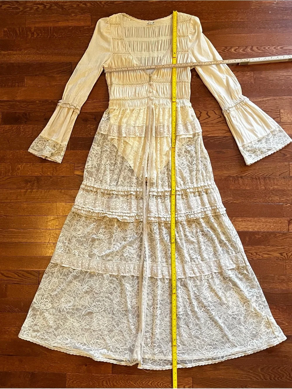 Free People Sheer Lace Tiered Maxi bodysuit duster in Beige. New no tags